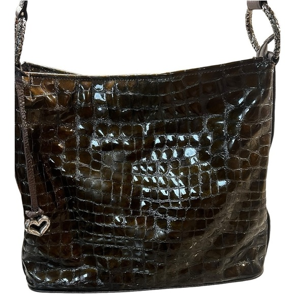 BRIGHTON‎ Croc Embossed Brown Patent Leather Hobo Shoulder Bag - Picture 1 of 9